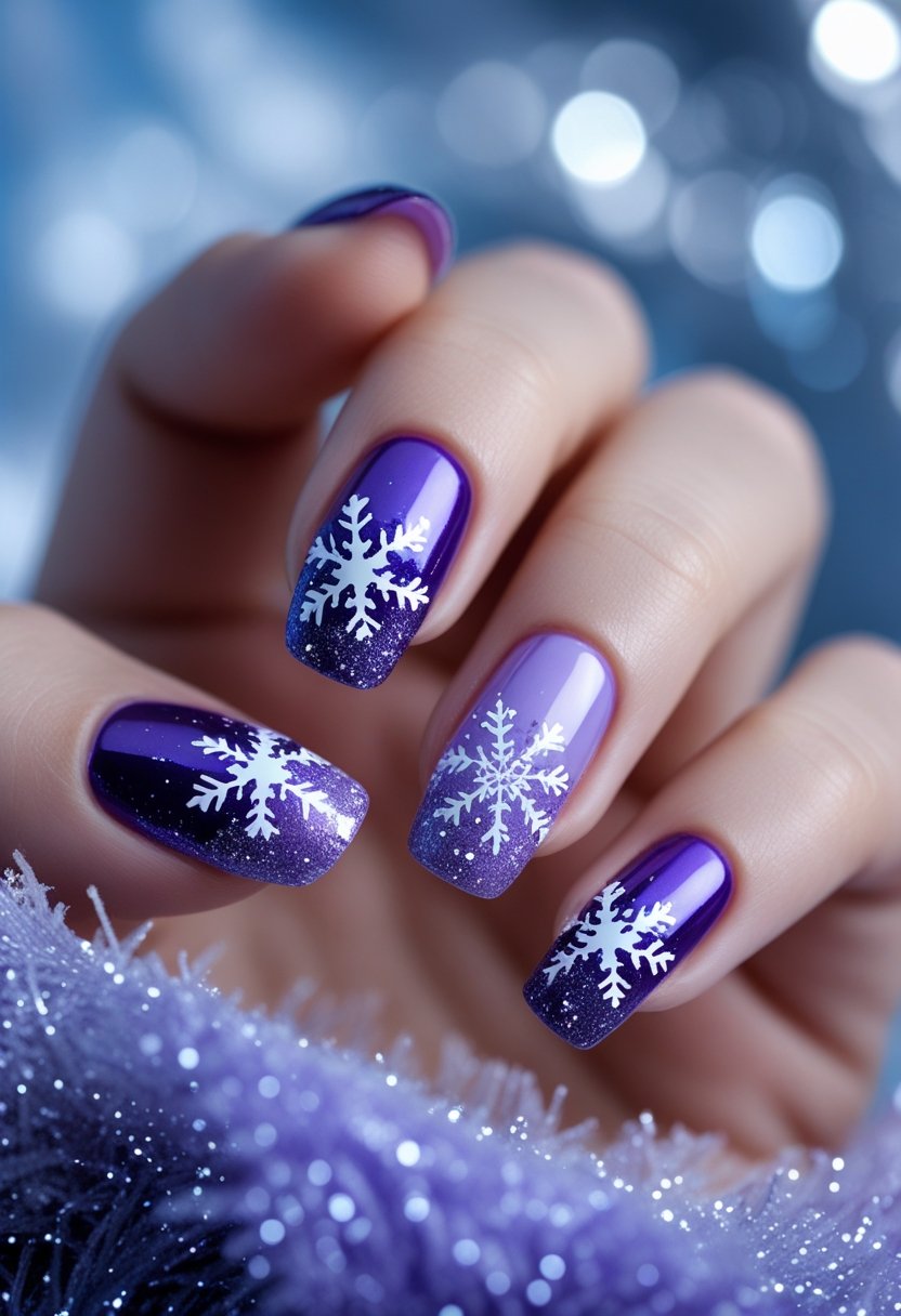 Close-up of a hand with purple ombré nails decorated with snowflake designs and glitter accents.