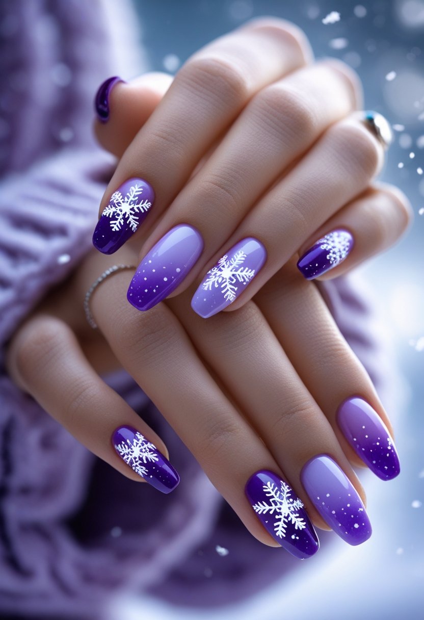 Close-up of hands with purple ombré nails decorated with white snowflakes against a soft winter background.