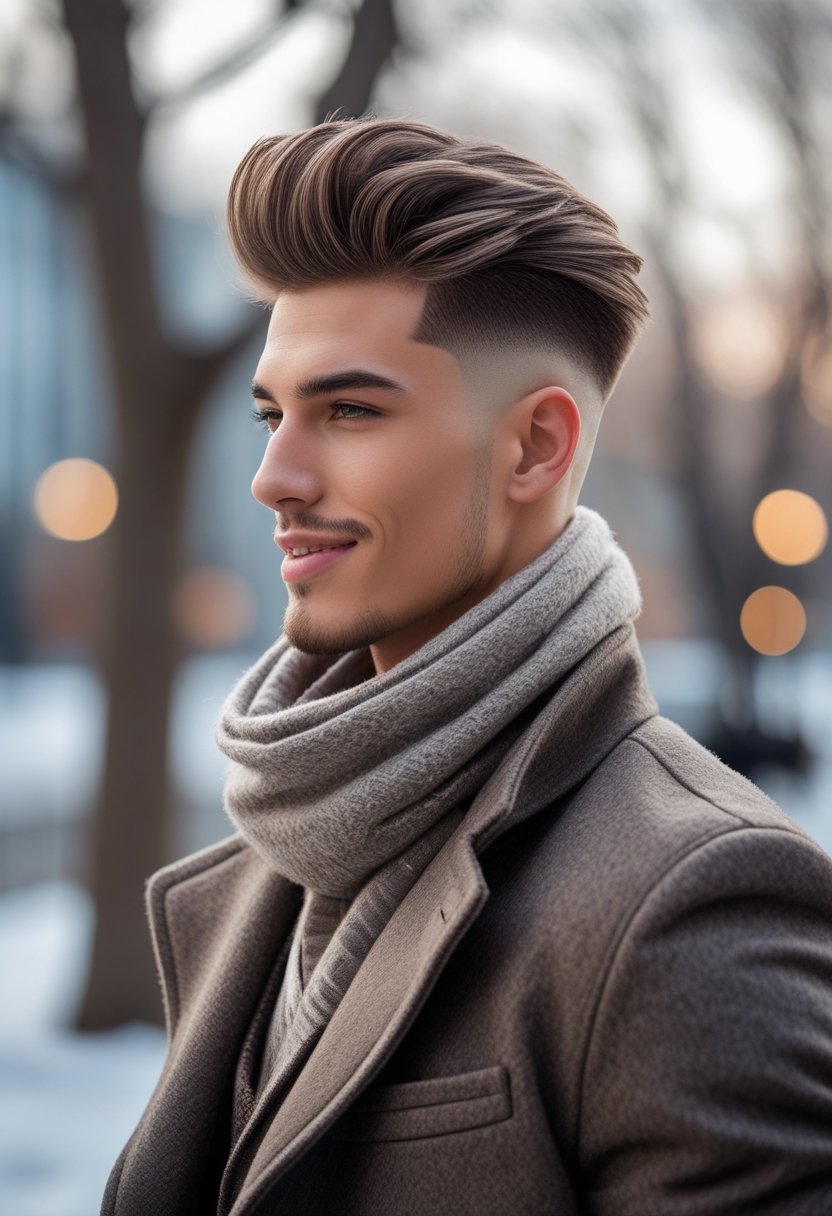 A young man wearing a winter coat and scarf stands outdoors in a city setting with bare trees.